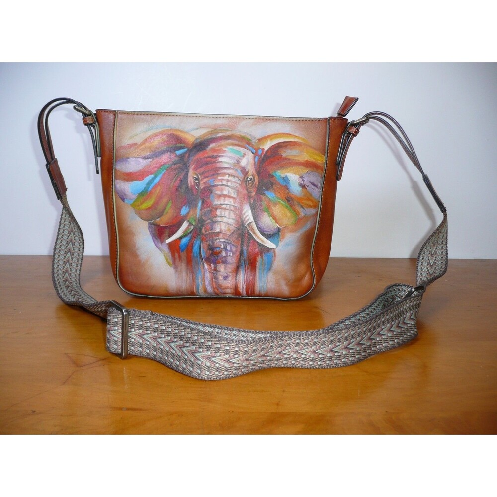 Hand Painted Elephant Genuine Leather Crossbody Bag Handmade Shoulder Satchel
